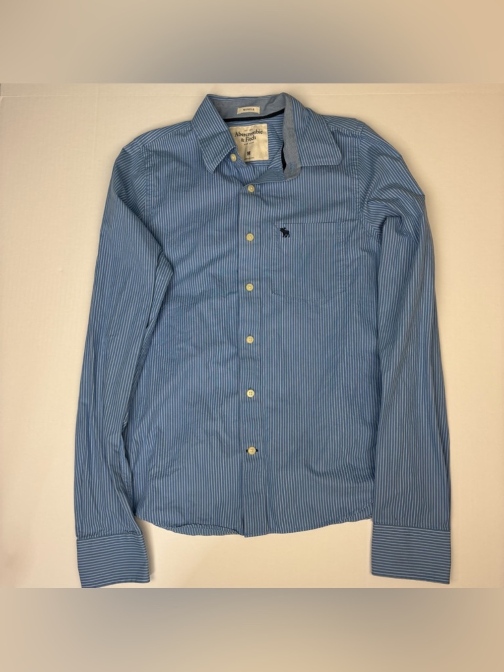 Abercrombie & Fitch Muscle Men Medium Button Up Blue Stripe Long Sleeve Cotton